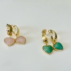Gold Heart Earrings with Pink and Green Stones